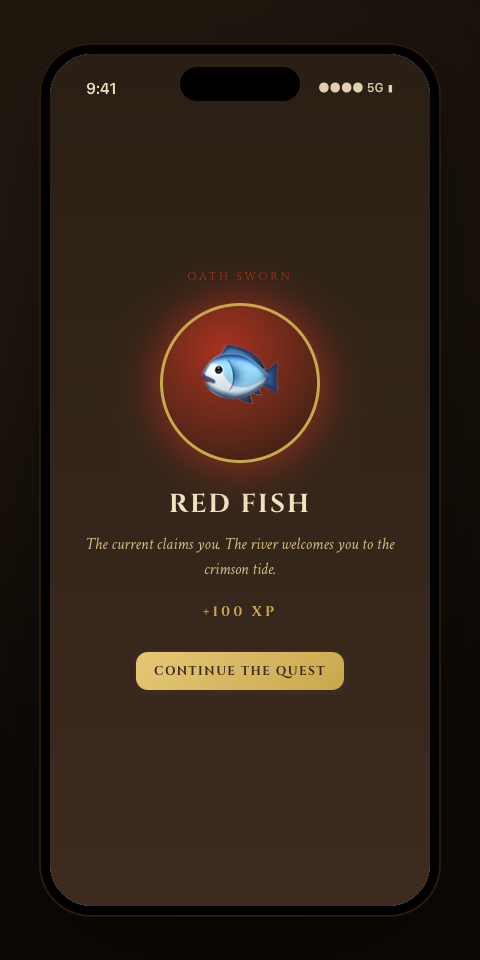 MycoQuest gem-tap ceremony on a phone screen — an oath sworn, a gem added to the hoard