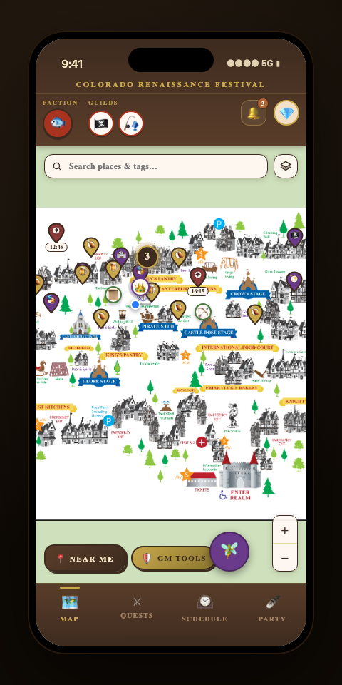 MycoQuest faire map view showing vendor locations and navigation on a guest's phone