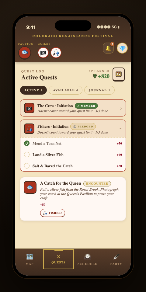 MycoQuest guest quest log showing active quests and XP progress on a phone screen