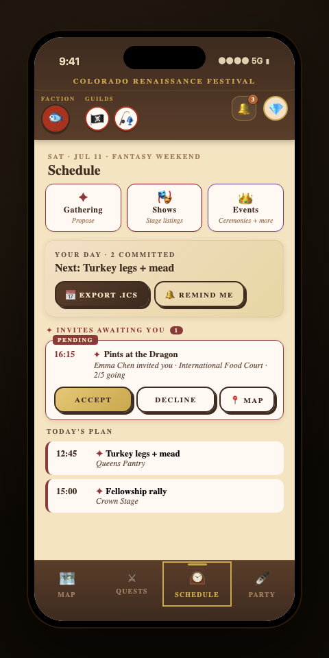 MycoQuest schedule view on a phone screen
